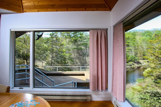 interior details with a water view, baseboard heating, a forest view, and a baseboard radiator