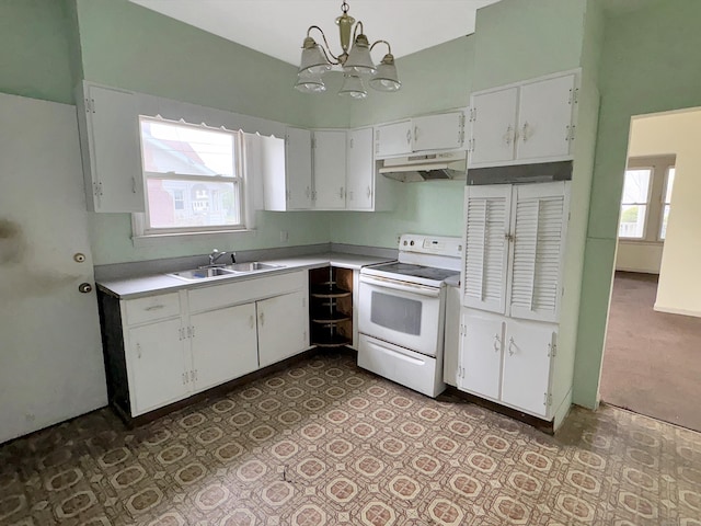 kitchen featuring a sink, white electric range oven, under cabinet range hood, and a healthy amount of sunlight