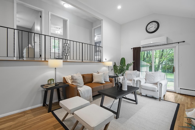 living room featuring ceiling fan, wood finished floors, baseboard heating, an AC wall unit, and lofted ceiling