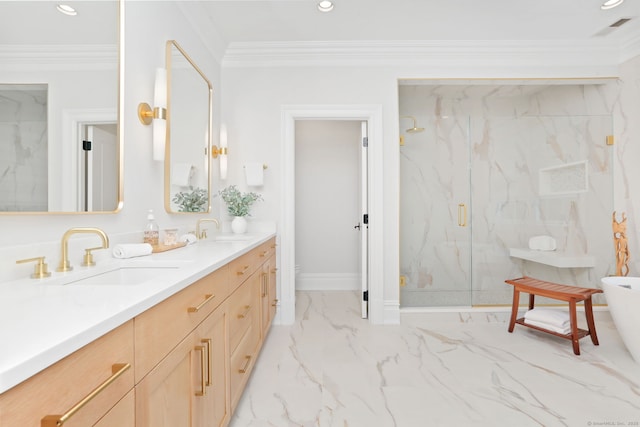 bathroom featuring recessed lighting, ornamental molding, a sink, double vanity, and a marble finish shower