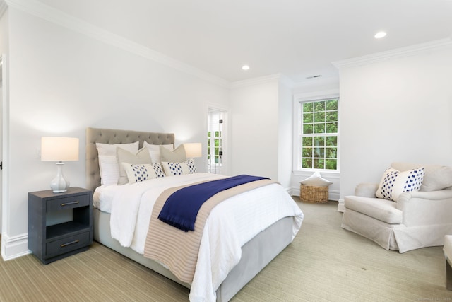 bedroom with crown molding, carpet flooring, baseboards, and recessed lighting