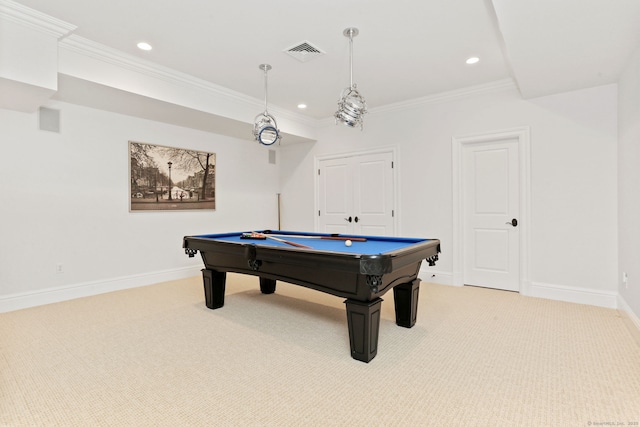 recreation room featuring billiards, light carpet, baseboards, and recessed lighting