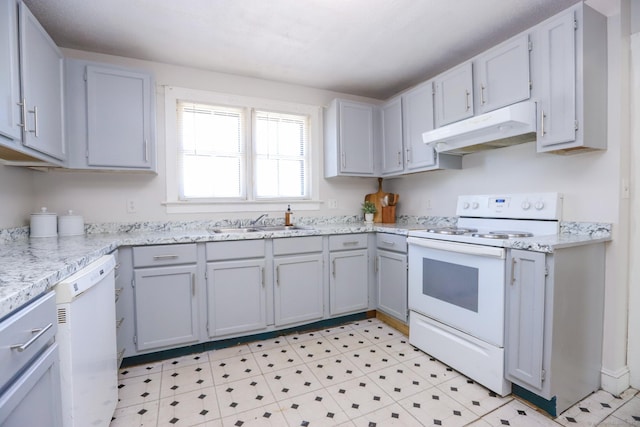 108 New Litchfield St, Torrington, CT 06790 - kitchen featuring under cabinet range hood, white appliances, gray cabinets, and light flooring