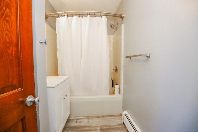 108 New Litchfield St, Torrington, CT 06790 - full bathroom featuring vanity, shower / tub combo, wood finished floors, and a baseboard heating unit