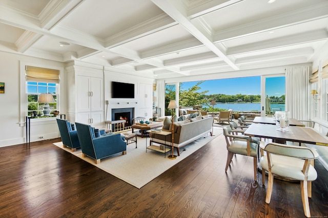 25 Tokeneke Trl, Darien, CT 06820 - living room featuring wood finished floors, a lit fireplace, coffered ceiling, beamed ceiling, and recessed lighting