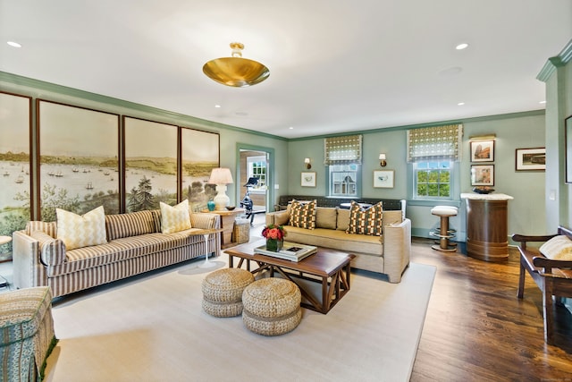 25 Tokeneke Trl, Darien, CT 06820 - living room featuring ornamental molding, wood finished floors, and recessed lighting