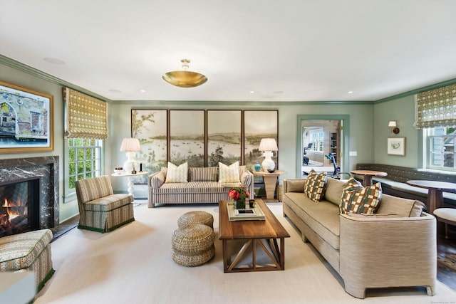25 Tokeneke Trl, Darien, CT 06820 - living room featuring crown molding and a premium fireplace