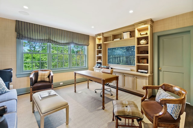 25 Tokeneke Trl, Darien, CT 06820 - home office with baseboards, wallpapered walls, recessed lighting, and light wood-style floors