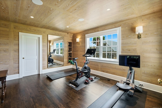 25 Tokeneke Trl, Darien, CT 06820 - exercise room featuring wooden ceiling, wood finished floors, wooden walls, recessed lighting, and baseboards