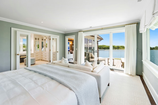 25 Tokeneke Trl, Darien, CT 06820 - bedroom featuring access to outside, ornamental molding, a water view, multiple windows, and baseboards