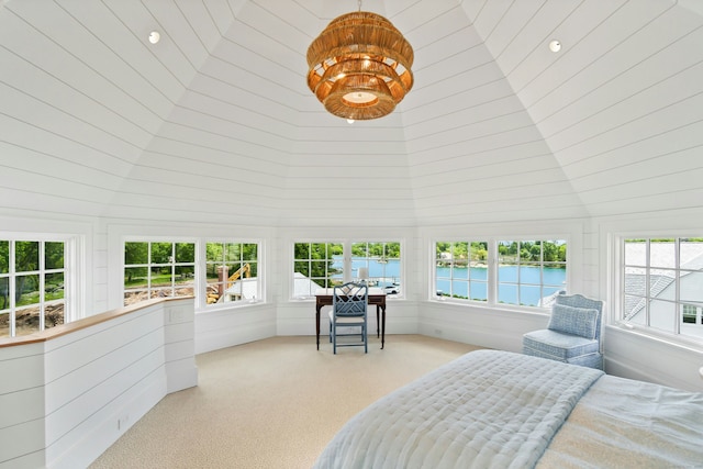25 Tokeneke Trl, Darien, CT 06820 - carpeted bedroom featuring a water view and high vaulted ceiling