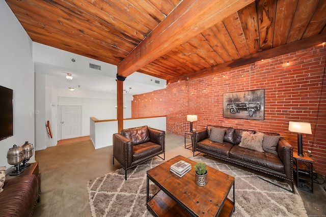 living area featuring carpet floors, brick wall, visible vents, and wood ceiling