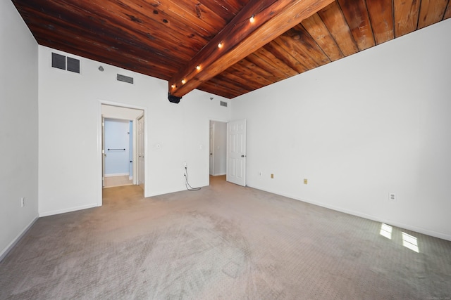 unfurnished bedroom featuring carpet floors, beam ceiling, visible vents, and wooden ceiling