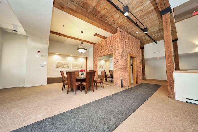 dining room with wood ceiling, baseboards, beamed ceiling, and carpet flooring