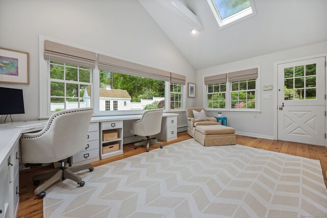 6 Weathervane Hl, Westport, CT 06880 - home office featuring a skylight, high vaulted ceiling, light wood finished floors, and recessed lighting
