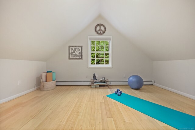 6 Weathervane Hl, Westport, CT 06880 - exercise room featuring wood finished floors, lofted ceiling, and baseboards
