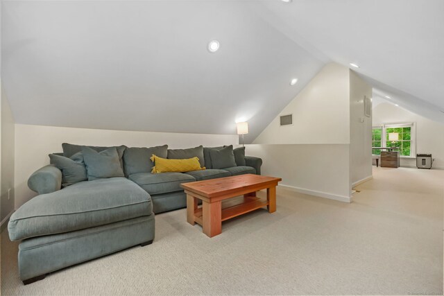 6 Weathervane Hl, Westport, CT 06880 - carpeted living room featuring vaulted ceiling, baseboards, and recessed lighting