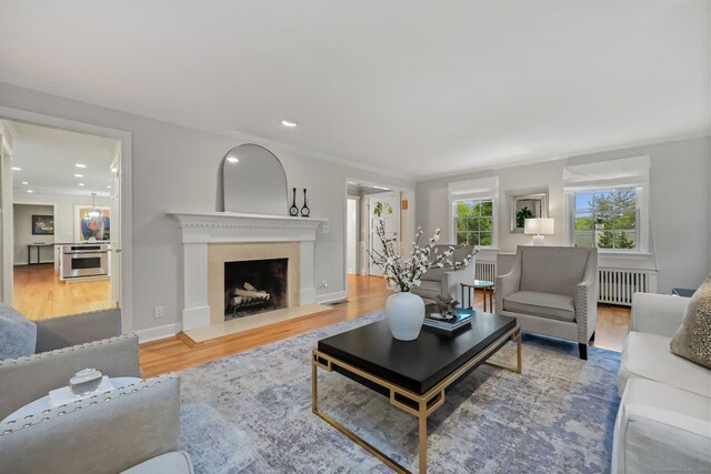 6 Weathervane Hl, Westport, CT 06880 - living room featuring wood finished floors, radiator heating unit, a fireplace with raised hearth, recessed lighting, and ornamental molding