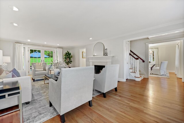 6 Weathervane Hl, Westport, CT 06880 - living room with stairway, light wood finished floors, recessed lighting, and a fireplace