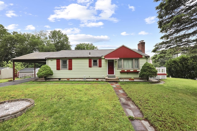 201 Orchard Ave, Newington, CT 06111 - view of front of property with entry steps, a chimney, a carport, a front lawn, and asphalt driveway