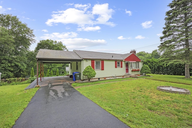 201 Orchard Ave, Newington, CT 06111 - single story home featuring driveway, a carport, a chimney, and a front lawn