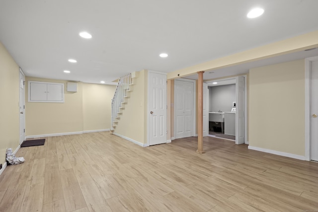 201 Orchard Ave, Newington, CT 06111 - finished basement with stairs, light wood-type flooring, and recessed lighting