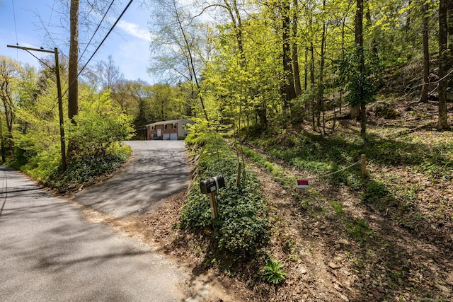 view of road with a view of trees and aphalt driveway