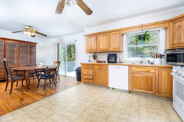 kitchen featuring ceiling fan, crown molding, light countertops, light floors, and white appliances