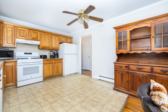 kitchen featuring ceiling fan, a baseboard heating unit, ornamental molding, under cabinet range hood, and white appliances