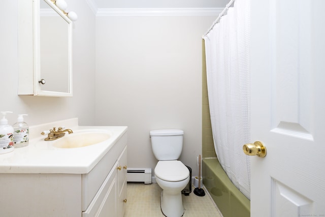 full bath with vanity, ornamental molding, toilet, baseboards, and a baseboard radiator