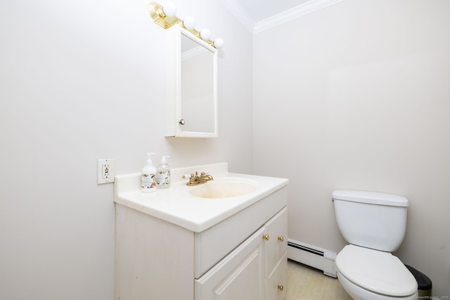 half bathroom featuring crown molding, toilet, baseboard heating, and vanity
