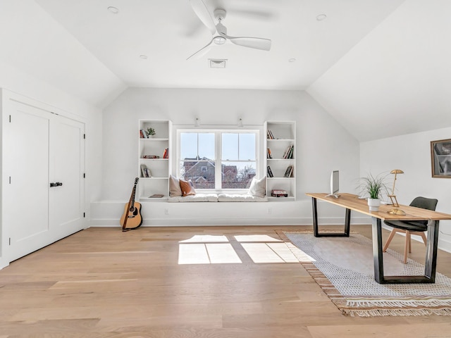 13 Dunbar Rd, Milford, CT 06460 - office space with light wood-style flooring, a ceiling fan, baseboards, lofted ceiling, and visible vents