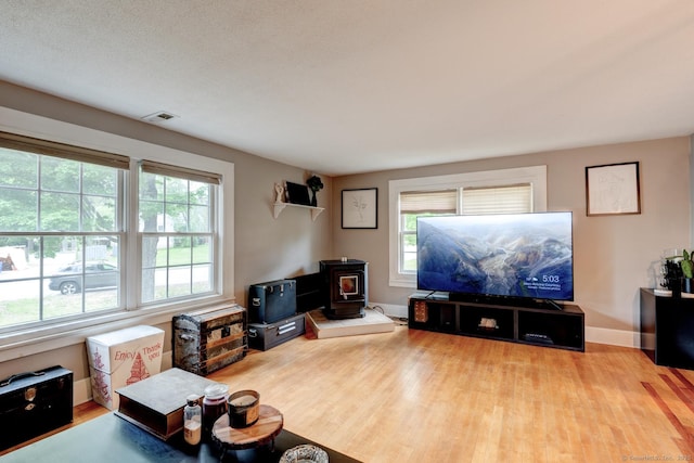 140 College Ave, Torrington, CT 06790 - living area featuring a wood stove, wood finished floors, and baseboards
