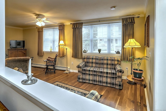 24 Wall St, Shelton, CT 06484 - living room with a baseboard radiator, wood finished floors, ceiling fan, baseboards, and ornamental molding