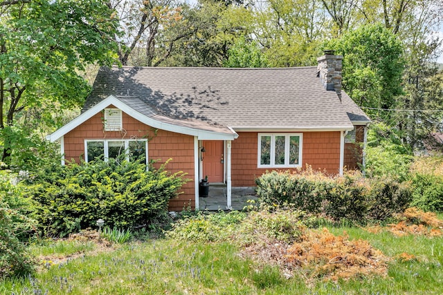 view of front of house with roof with shingles and a chimney