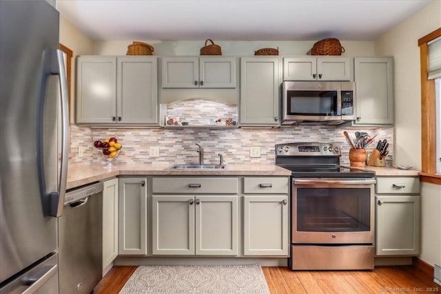 kitchen with stainless steel appliances, a sink, light countertops, and light wood-style flooring