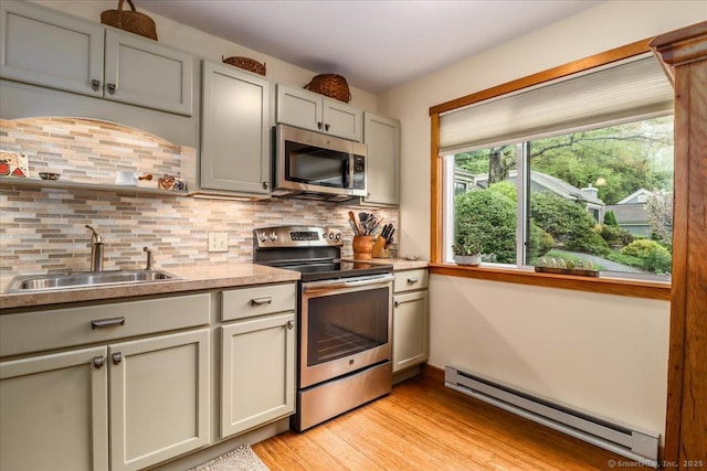 kitchen featuring stainless steel appliances, a sink, baseboard heating, light wood finished floors, and backsplash