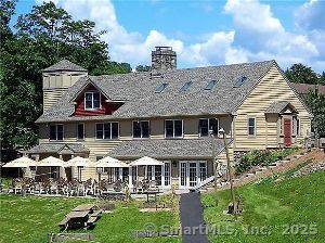 rear view of property with a chimney and a lawn
