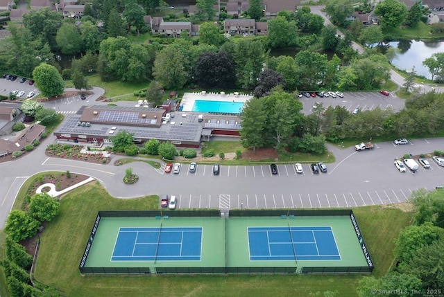 drone / aerial view of a pool
