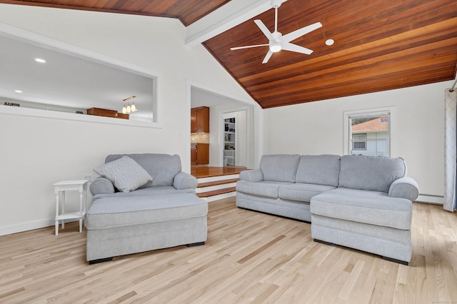 living room with baseboards, ceiling fan, vaulted ceiling with beams, light wood-type flooring, and wooden ceiling