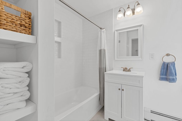 full bath featuring vanity, baseboard heating, and shower / bath combination with curtain