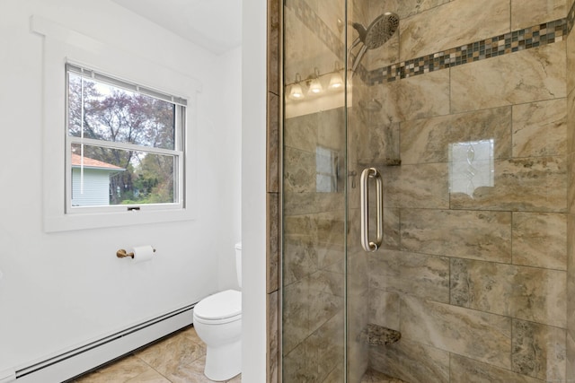 full bath with a baseboard radiator, a shower stall, and toilet