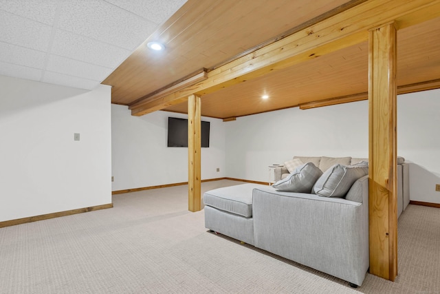 living area featuring carpet floors, recessed lighting, and baseboards