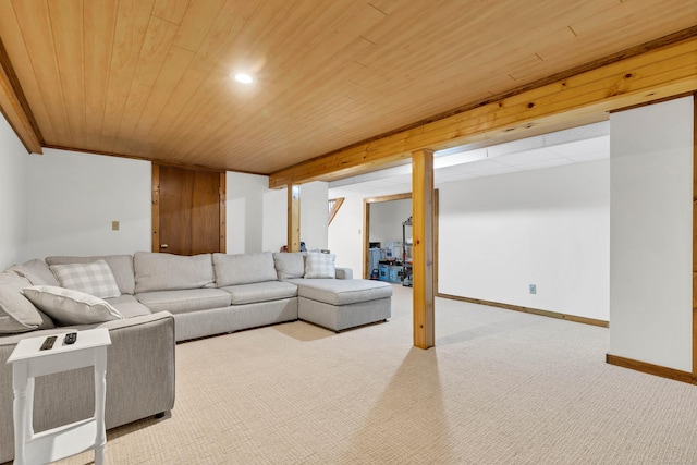 carpeted living area featuring baseboards, recessed lighting, and wood ceiling