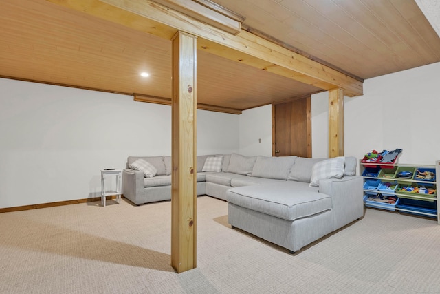 carpeted living room featuring wood ceiling and beam ceiling