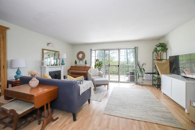 living room featuring light wood-style floors and a glass covered fireplace