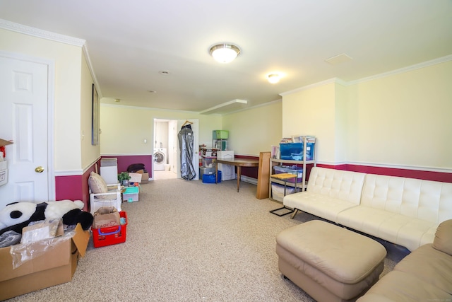 living area with washer / dryer, crown molding, and carpet floors