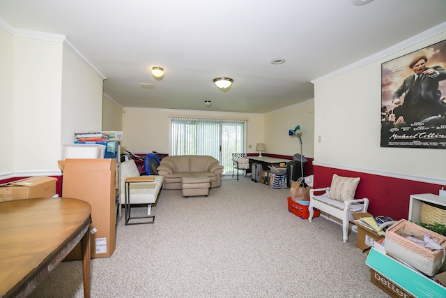 living room with crown molding and carpet flooring