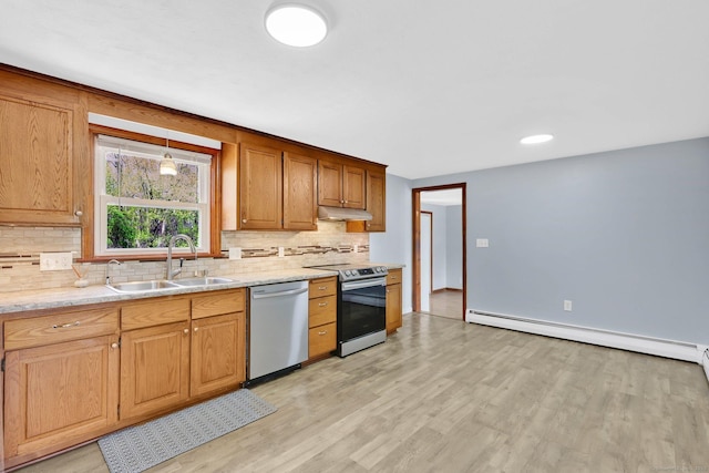 327 Abbe Rd, Enfield, CT 06082 - kitchen featuring decorative backsplash, a sink, under cabinet range hood, stainless steel appliances, and light wood-style flooring
