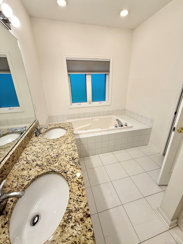 253 Summerfield Gdns Unit 253, Shelton, CT 06484 - full bathroom featuring a garden tub, double vanity, tile patterned floors, and recessed lighting